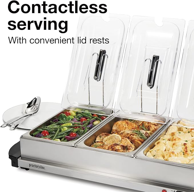 Proctor Silex Buffet Server & Food Warmer, Adjustable Heat, for Parties, Holidays and Entertaining, Three 2.5 Quart Oven-Safe Chafing Dish Set, Stainless Steel 63350