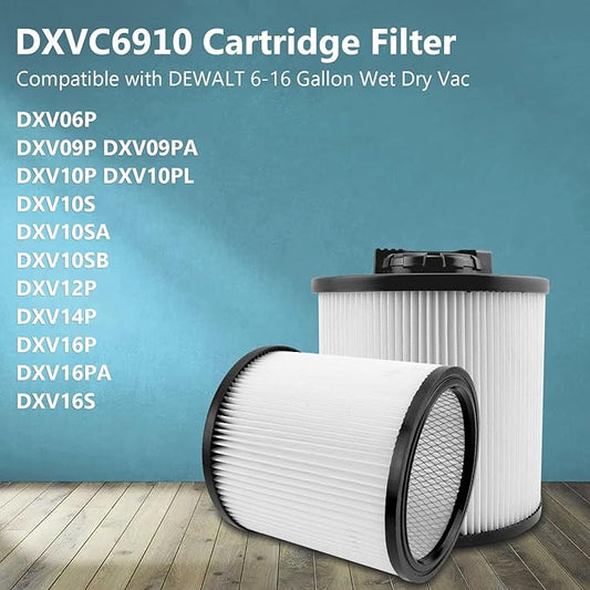 2 Pack Cartridge Filter Replacement for DEWALT DXVC6910 6-16 Gallon Wet Dry Vac, Compatible with DeWalt DXV06P DXV09P DXV10P DXV10PL DXV10SA DXV12P DXV14P DXV16P(Standard Filter)