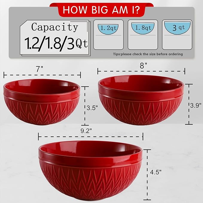 AVLA Porcelain Mixing Bowls for Kitchen, 2.8/1.8/1.2 Qt Ceramic Large Serving Salad Soup Bowl Set, Deep Nesting Bowl for Space Saving, 3-Piece Set, Microwave and Dishwasher Safe, Red