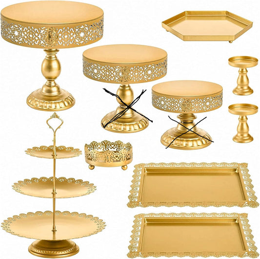 Gold Cake Stand Set, Metal Round Cupcake Holder Dessert Display Plate Serving Platter, Dessert Table Stands and Trays Set for Christmas, Wedding, Birthday, Anniversary, Tea Party Celebration Dessert Cake Display Plates-Gold