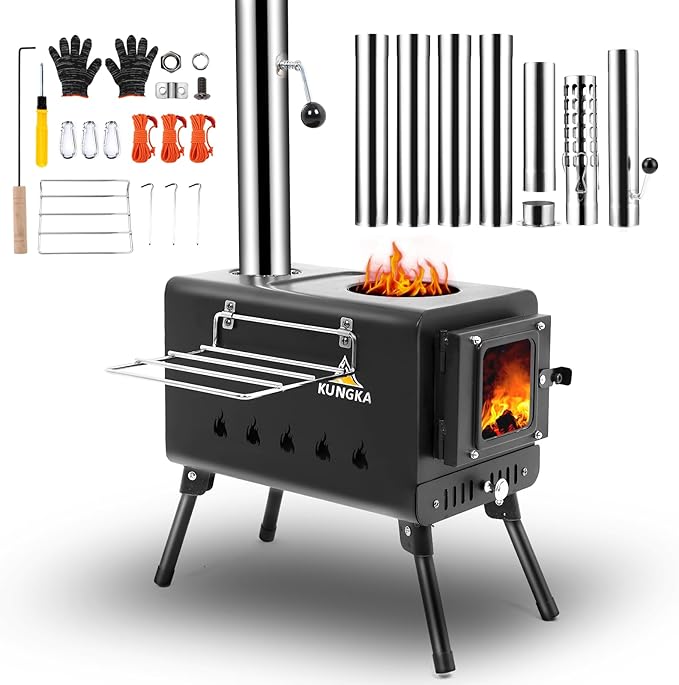 KUNGKA Black Wood Burning Tent Stove with 7 Section Stainless Steel Chimney Pipes, Portable Hot Tent Stove for Camping, Hunting, Ice Fishing