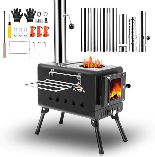KUNGKA Black Wood Burning Tent Stove with 7 Section Stainless Steel Chimney Pipes, Portable Hot Tent Stove for Camping, Hunting, Ice Fishing