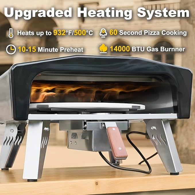 MELLCOM 20" Portable Outdoor Propane Pizza Oven, 360° Auto-Rotating With Cover Bag, Peel, 14" Pull-Out Stone, for Camping, Backyard and Party
