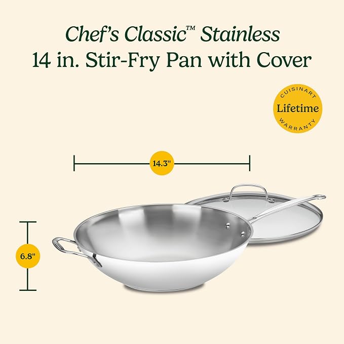 CUISINART 726-38H Chef's Classic Stainless 14-Inch Stir-Fry Pan with Helper Handle and Glass Cover, Silver 63088