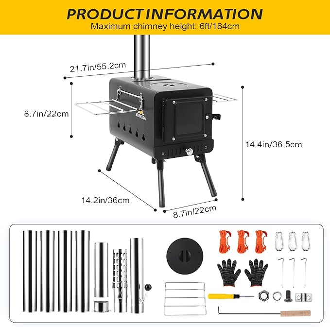 KUNGKA Black Wood Burning Tent Stove with 7 Section Stainless Steel Chimney Pipes, Portable Hot Tent Stove for Camping, Hunting, Ice Fishing
