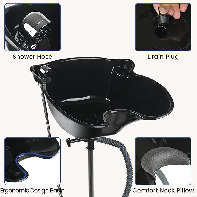 Portable Shampoo Bowl Height Adjustable Hair Washing Station with Electric Pump Dual-Bucket Portable Shampoo Sink with Sprayer for Home Salon Barber Use (Black)