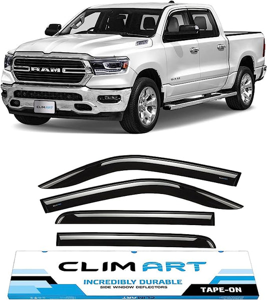 CLIM ART in-Channel Incredibly Durable Rain Guards for Dodge RAM 1500 2019-2022 Quad Cab, Original Window Deflectors, Vent Deflector, Vent Window Visors, Dark Smoke Truck Accessories, 4 pcs- 619007LP
