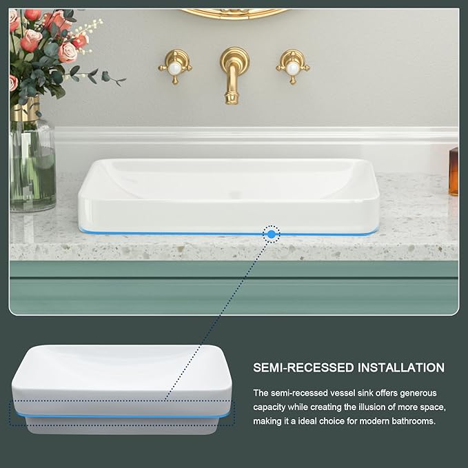 Beslend Modern Rectangular White Ceramic Vessel Sink 19"x12"x5" Semi Recessed Countertop Sink