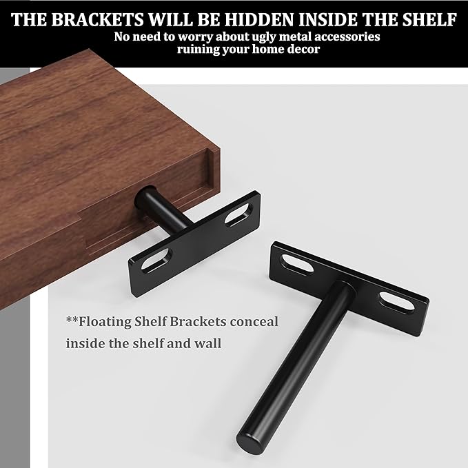 M MIMHOOY Floating Shelf Bracket 4" Deep Solid Steel Heavy Duty Blind Shelf Supports Hidden Brackets for Floating Wood Shelves 4 pcs