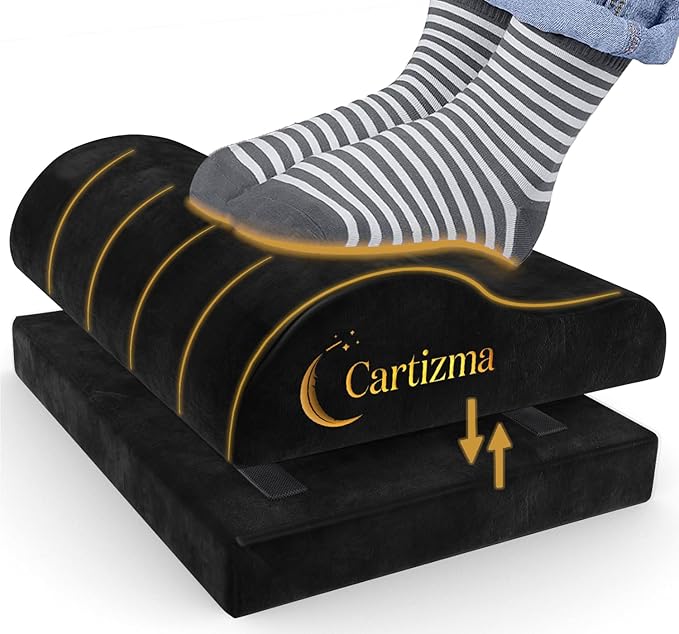 Cartizma Ergonomic Foot Rest for Under Desk at Work - Wavy Shaped for Heel Support, Memory Foam, Anti-Slip, Washable Cover - Office & Gaming Footrest, Back & Leg Pain Relief, Desk Foot Stool (black)