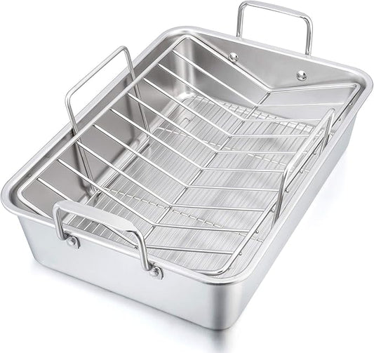 15¼" Roaster Roasting Pan with Baking Rack and V-Shaped Rack, P&P CHEF Stainless Steel Rectangular Lasagna Pan with Handles for Turkey Chicken, Heavy Duty & Healthy & Dishwasher Safe, 3 Pieces