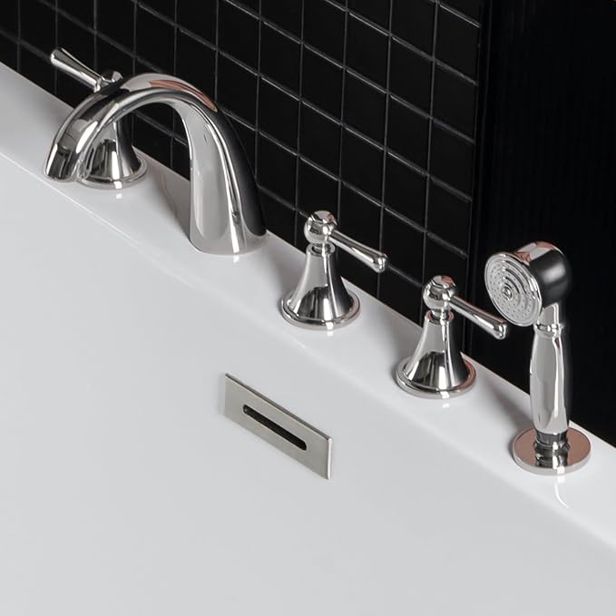 Woodbridge F-0022 BN Bathroom 5-Hole Tub Hand Shower,Deck Mounted Bathtub Filler Faucet with 3 Handles, Brushed Nickel