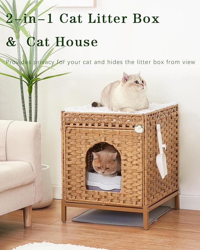 SETVSON Cat Litter Box Enclosure Hidden Litter Box Furniture with Metal Heightened Feet, Handwoven Cat House with Cat Litter Mat, Rattan Cat Litter Box Enclosure Furniture for Bedroom Natural