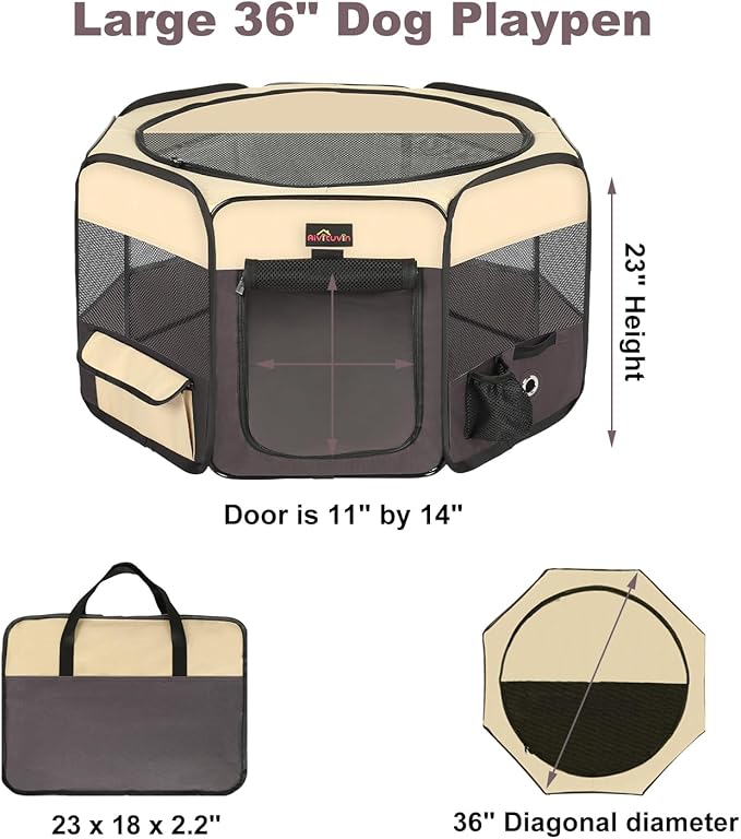 Portable Pet Playpen, Foldable Dog Tent Crate Cage for Puppies and Cats, Exercise Pop Up Dog Kennel with Carrying Case Indoor Outdoor, Waterproof and Zipper Top Cover Door
