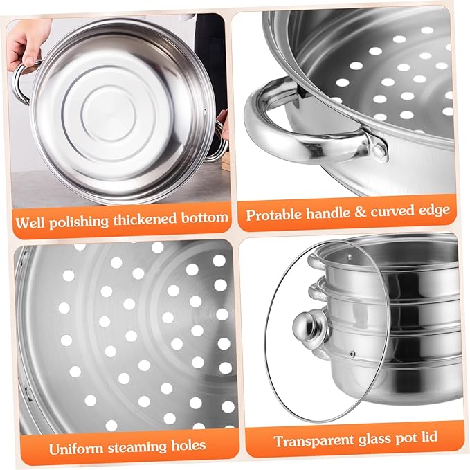 Steamer Pot 28cm Multi- Layer Boiler Stainless Steel Steamer Pots, 4 Tier Steamer Cooking Pots, Steam Soup Pot with Lid, Steamer Cookware Pot Vegetable Steamer Pot Stainless Steel Steamer Pot