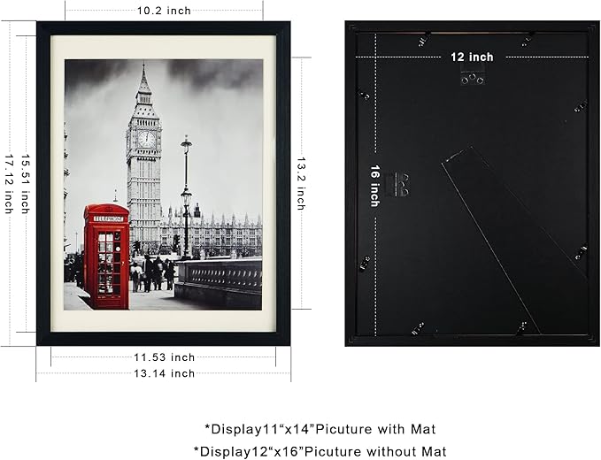 12x16 Picture Frame Display Pictures 11×14 With Mat 12×16 Without Mats for Table Top Display and Wall Mounting Photo Frame Wood Frame Strengthened Glass Display Black