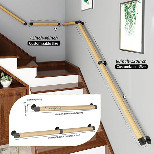 4FT Wooden Stair Handrails,Indoor Outdoor Hand Railings, Sturdy Wall Mount Support,Non-Slip Safety Handrail for Elderly, Children, and People with Physical Limitations