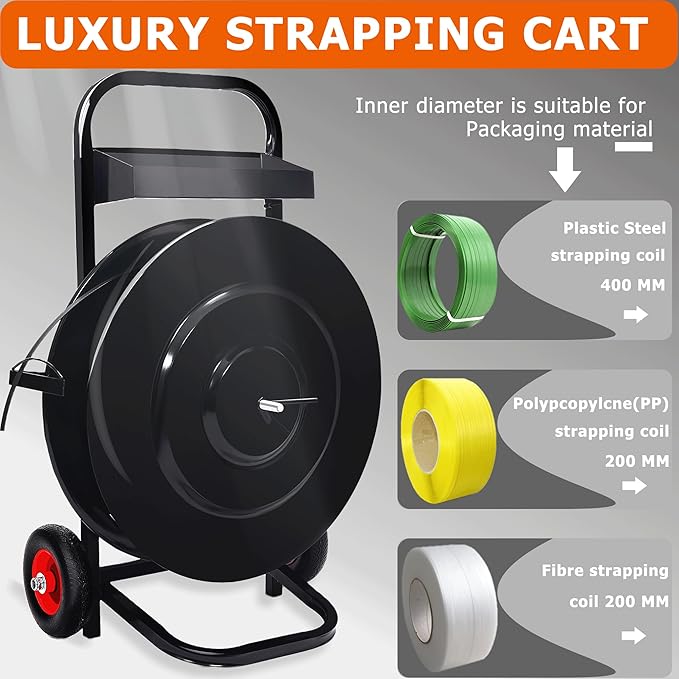 Nroboo Banding Cart Strapping Dispenser for Poly/Plastic Steel/Fibre Strapping with 8" or 16" Core Size, Moveable Heavy Duty Banding Strapping Cart Deluxe Strapping Dispenser with Built-in Tray