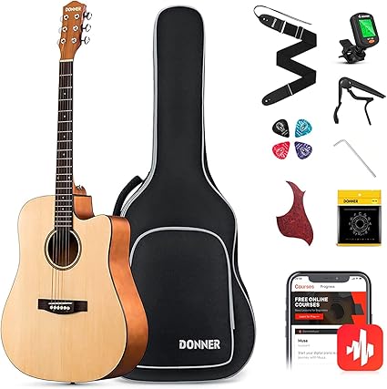 Donner Beginner Acoustic Guitar for Adult Full Size 41 Inch Cutaway Acoustique Guitare Bundle Kit with Gig Bag Tuner Capo Pickguard String Strap Picks Cloth, Right Hand, Natural, DAD-140C