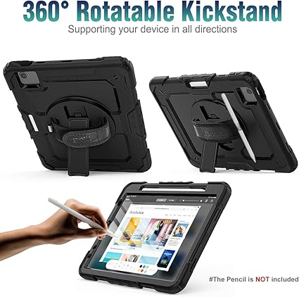 SEYMAC stock Case for iPad Air 5th/4th Gen with Screen Protector, Pencil Holder [360 Rotating Hand Strap] &Stand, Drop-Proof Case, Black