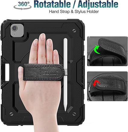 SEYMAC stock Case for iPad Air 5th/4th Gen with Screen Protector, Pencil Holder [360 Rotating Hand Strap] &Stand, Drop-Proof Case, Black