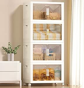 Storage Bins with Lid, 280 L (304 QT) Foldable Stackable Storage Containers, Clear Plastic Collapsible Storage Bins with Door and Wheels, Closet Organizers and Storage Box for Home (4 Tier)