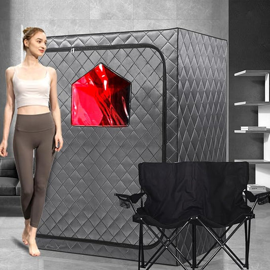 Smartmak Full Size Portable Sauna, Large Two Person Home Dry Saunas SPA with Time &amp; Temperature Remote Control, 2 Seat Folding Chair, Light, Oversized Personal Sauna Box Privacy Tent Indoor Use, Grey