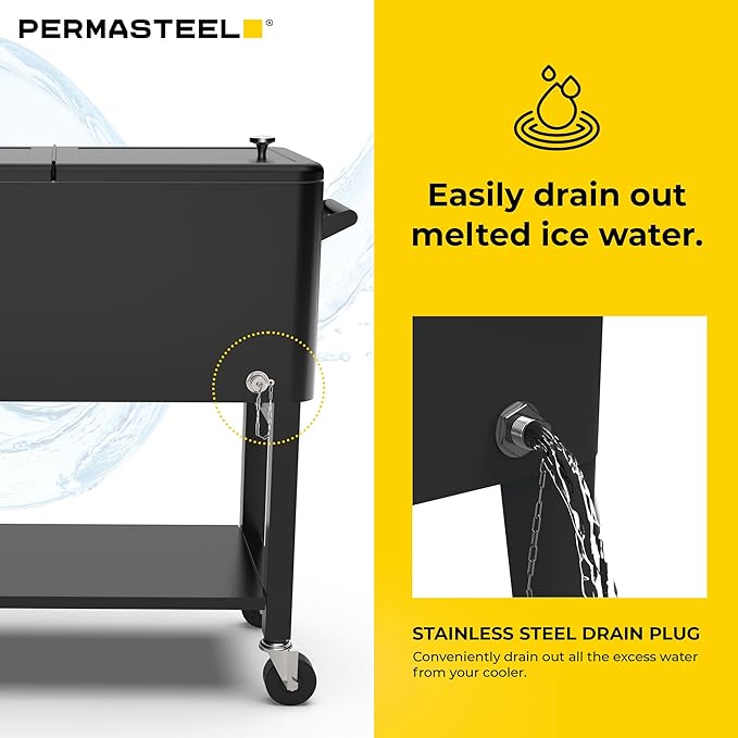 Permasteel 80-Qt Classic Outdoor Patio Cooler for Outside, Outdoor Beverage Cooler Bar Cart, Rolling Cooler with Wheels & Handles, Retro Design, Black 63517