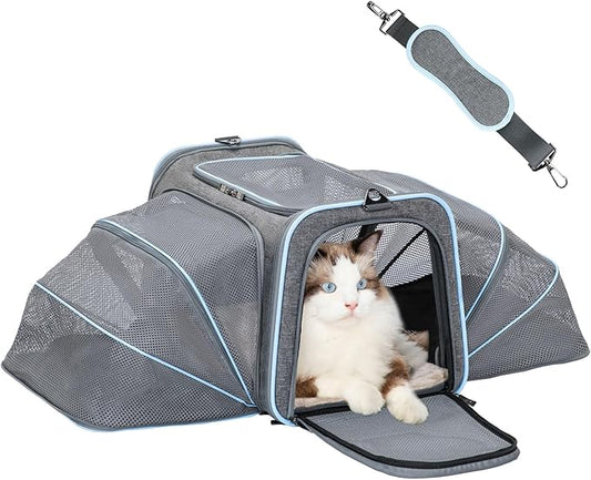 Petsfit Expandable Cat Carrier Dog Carrier,Airline Approved Soft-Sided Portable Pet Travel Washable Carrier for Kittens,Puppies,Removable Soft Plush mat and Pockets,Locking Safety Zippers