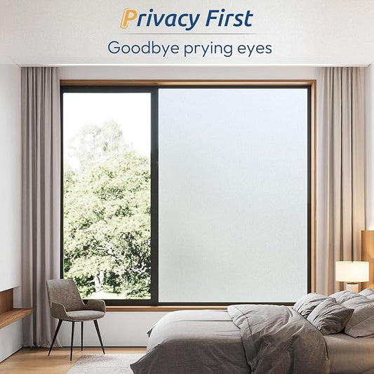 rabbitgoo Window Films for Privacy, Static Cling Frosted Glass Sticker, Non-Adhesive Privacy Film Sun Blocking Window Covering Frosting Vinyl Bathroom Sliding Glass Door, 90 x 400cm, Pure Frosted