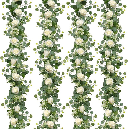 TOCHGREEN 4Pcs(26 Ft) Artificial Eucalyptus Flower Garland with White Rose Flowers