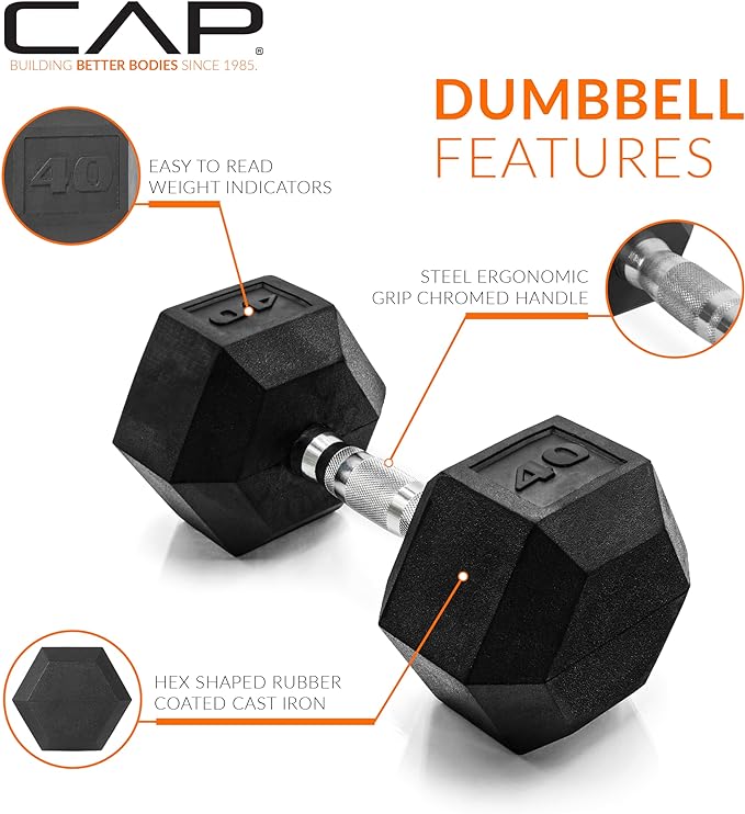 CAP Barbell 40 lb Rubber Coated Hex Dumbbell 63526