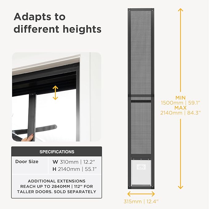 Hakuna Pets Mesh Patio Pet Door, Tool-Free Sliding Door Insert, Rental Safe Aluminium Frame, Fiberglass Insect Screen, UV Resistant Flap, Fits Sliding Doors up to 84.25" (Black, Medium)