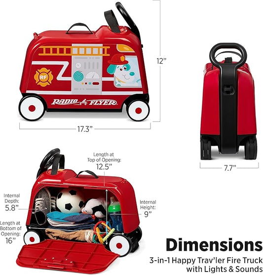 Radio Flyer 3-in-1 Happy Trav'ler Fire Truck with Lights & Sounds Ride on Toy, Toddler Carry-On Storage, Ages 2-5 Years