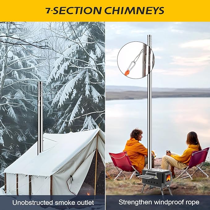 KUNGKA Black Wood Burning Tent Stove with 7 Section Stainless Steel Chimney Pipes, Portable Hot Tent Stove for Camping, Hunting, Ice Fishing