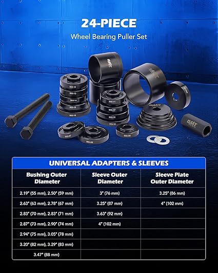 Orion Motor Tech Wheel Bearing Press Kit for Front Wheel Drive Bearing Removal & Installation, 24pc Wheel Bearing Puller Tool Set with Sliding Screws Universal Bushings Sleeves Storage Case