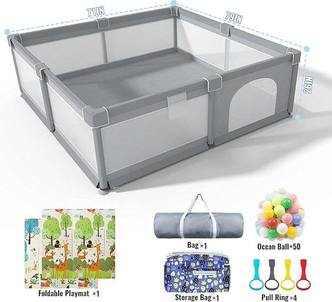 LUTIKAING 79"x71" Baby Playpen with Mat, Safe Playpen, Play Pen for Babies and Toddlers, Large Play Yard, Zipper Gate, Anti-Slip Suckers, Ideal Baby Gate Playpen for Toddlers 1-3