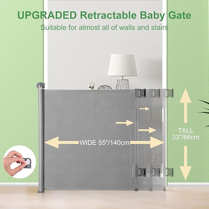 Retractable Baby Gate,Mesh Baby Gate or Mesh Dog Gate,33.6" Tall,Extends up to 55" Wide,Child Safety Gate for Doorways, Stairs, Hallways, Indoor/Outdoor (Gray 33.6"x55")