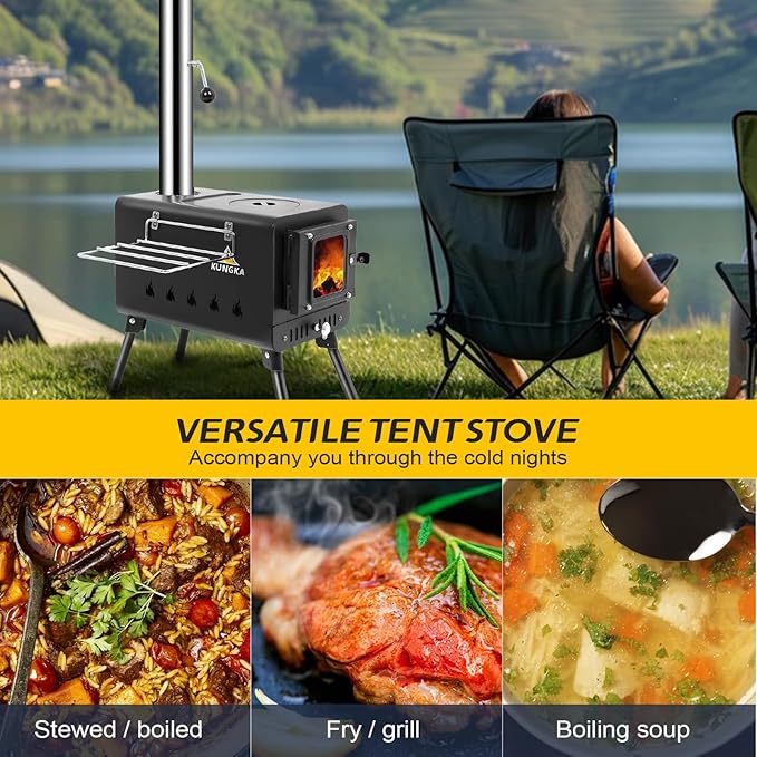 KUNGKA Black Wood Burning Tent Stove with 7 Section Stainless Steel Chimney Pipes, Portable Hot Tent Stove for Camping, Hunting, Ice Fishing