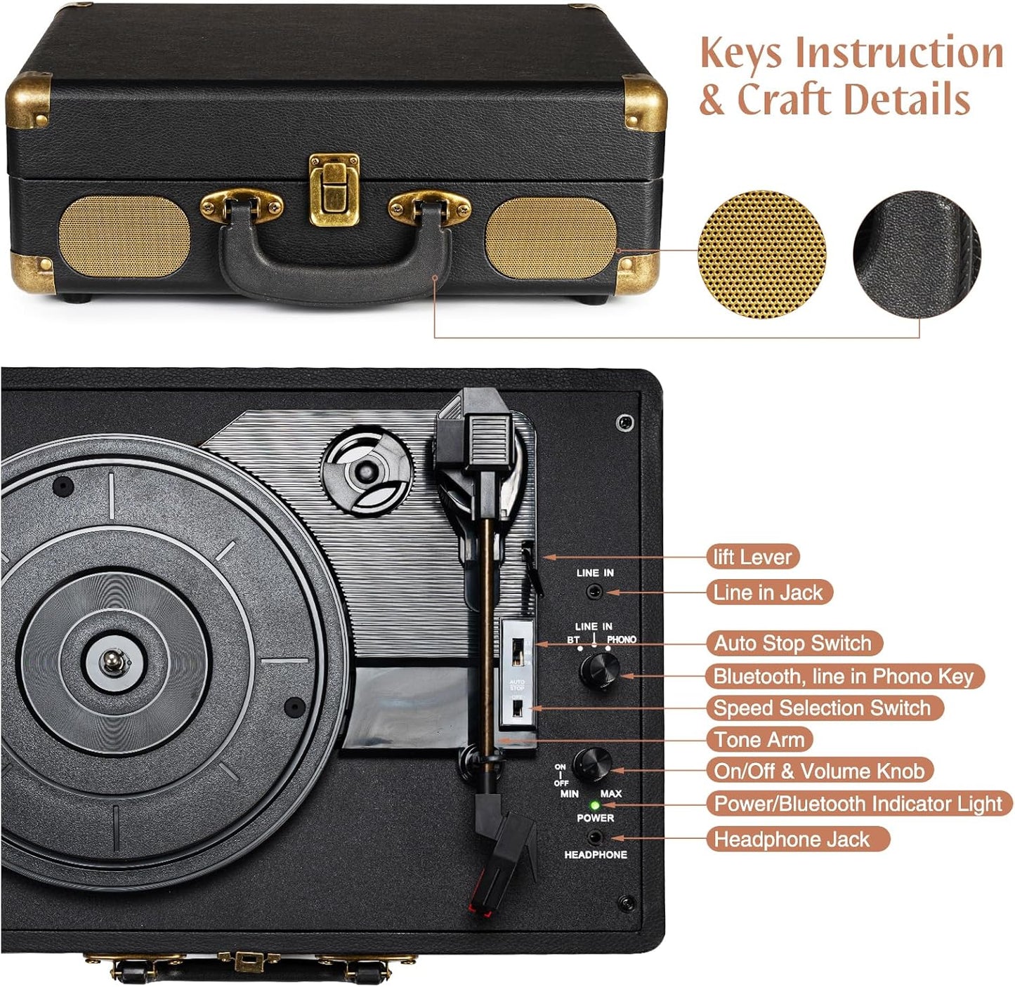 Record Player 3-Speed Bluetooth Suitcase Portable Belt-Driven Vinyl Record Player