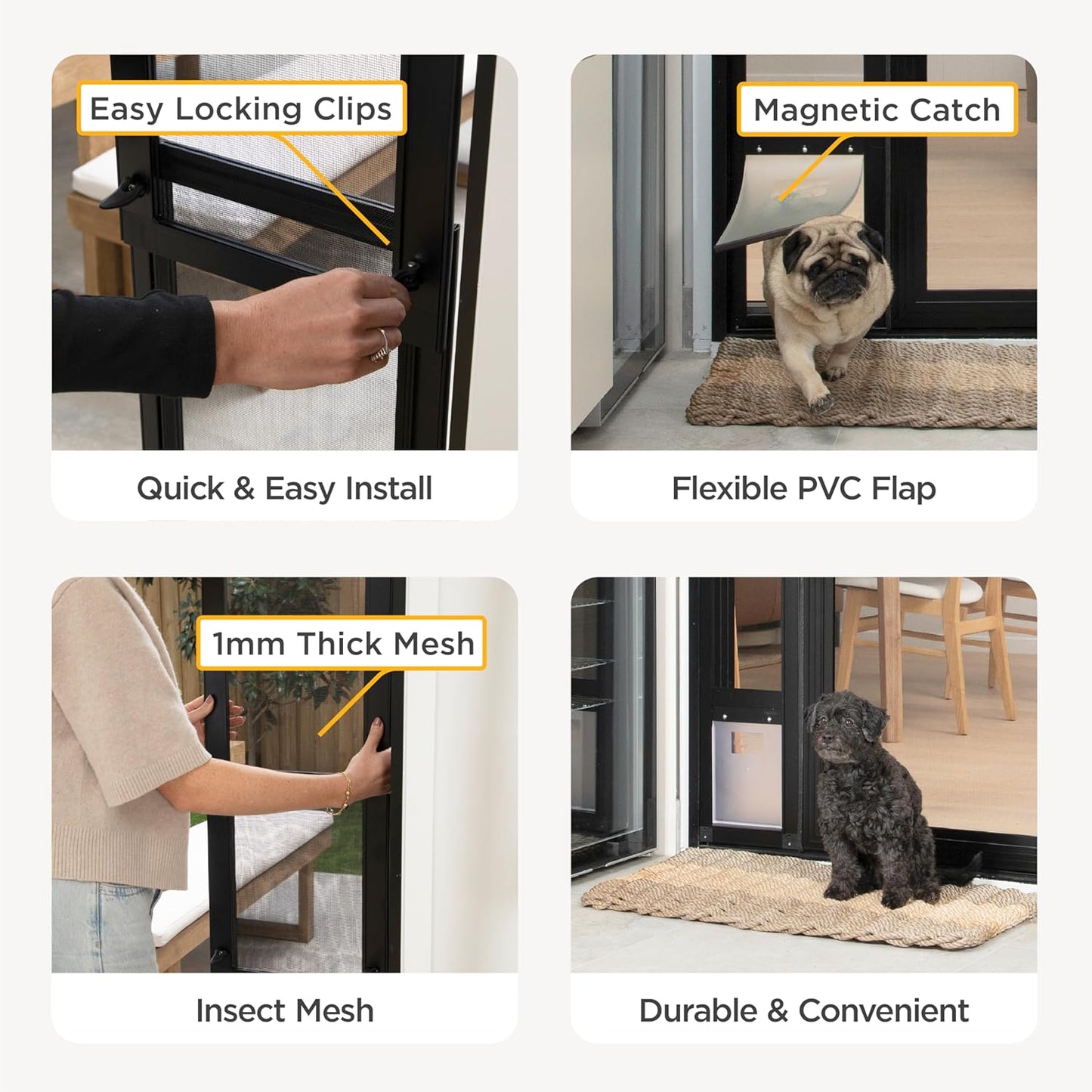 Hakuna Pets Mesh Patio Pet Door, Tool-Free Sliding Door Insert, Rental Safe Aluminium Frame, Fiberglass Insect Screen, UV Resistant Flap, Fits Sliding Doors up to 84.25" (Black, Medium)