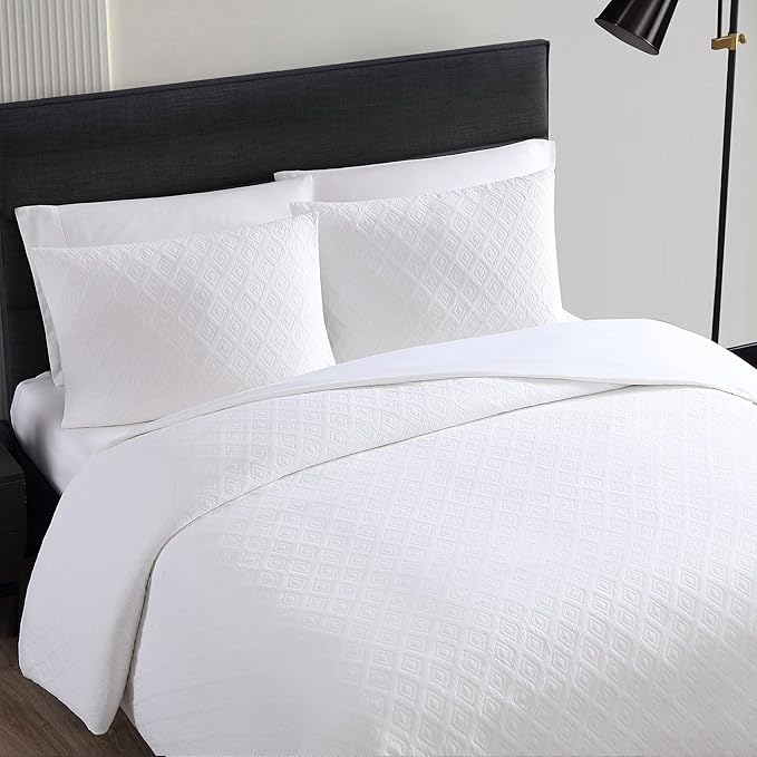 Vera Wang | Double Diamond Collection | Duvet Cover Set - Soft & Breathable, Reversible Bedding with Matching Shams, Medium Weight & Ideal for All Seasons, Queen, White