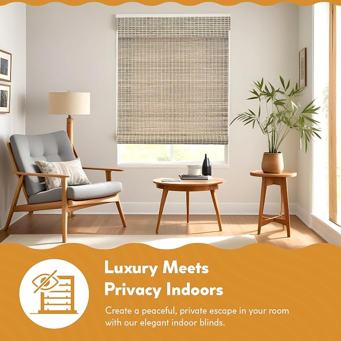 Radiance Cordless Bamboo Blinds - Flatstick Bamboo Roman Shades for Interior Windows - Roll Up Woven Shades with Valance - Inside & Outside Mount Roman Window Shades - Driftwood - 31" W x 64" L 63279
