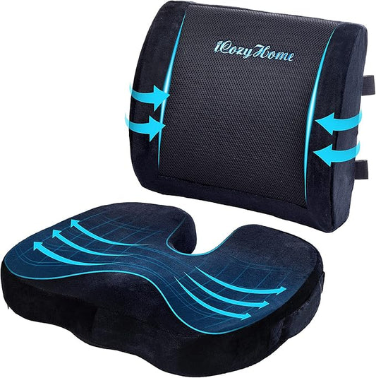Coccyx Seat Cushion & Lumbar Support Pillow for Office Chair, Car, Wheelchair Memory Foam Chair Cushion with Adjustable Strap for Sciatica, Lower Back & Tailbone Pain Relief Breathable Washable Cover