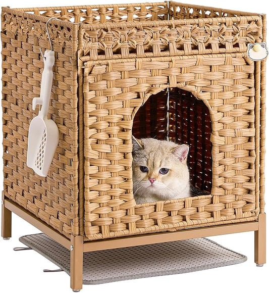 SETVSON Cat Litter Box Enclosure Hidden Litter Box Furniture with Metal Heightened Feet, Handwoven Cat House with Cat Litter Mat, Rattan Cat Litter Box Enclosure Furniture for Bedroom Natural