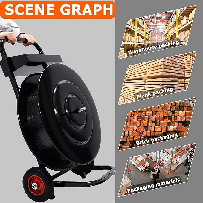 Nroboo Banding Cart Strapping Dispenser for Poly/Plastic Steel/Fibre Strapping with 8" or 16" Core Size, Moveable Heavy Duty Banding Strapping Cart Deluxe Strapping Dispenser with Built-in Tray