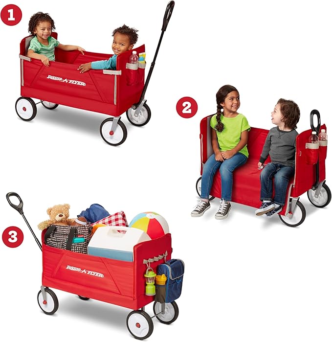 Radio Flyer 3-in-1 EZ Folding Wagon Ride On For Kids, Garden, & Cargo, Red Collapsible Wagon