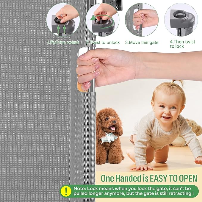 Retractable Baby Gate,Mesh Baby Gate or Mesh Dog Gate,33.6" Tall,Extends up to 55" Wide,Child Safety Gate for Doorways, Stairs, Hallways, Indoor/Outdoor (Gray 33.6"x55")