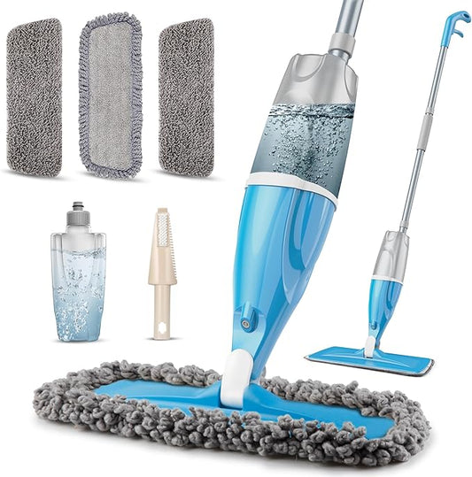 Microfiber Spray Floor Mops for Floors Cleaning- Hardowod Floor Mops with 440ML Refillable Bottles,3 Washable Mop Pads and 1 Scraper Dust Wet Mop for Laminate,Hardwood,Ceramic