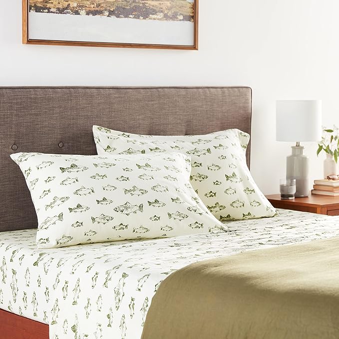 Eddie Bauer - Queen Sheet Set, Warm Breathable Cotton Flannel Bedding with Deep Pockets, Brushed for Extra Softness, Cozy Home Decor, Oeko-Tex Certified (School of Fish, Queen)